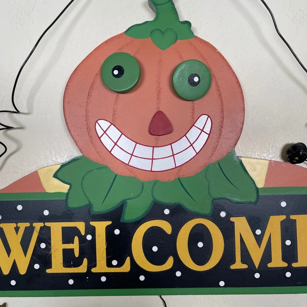 Vintage Halloween Welcome Wood Door Sign Pumpkin Cat Ghost Witch Retro 90s‎